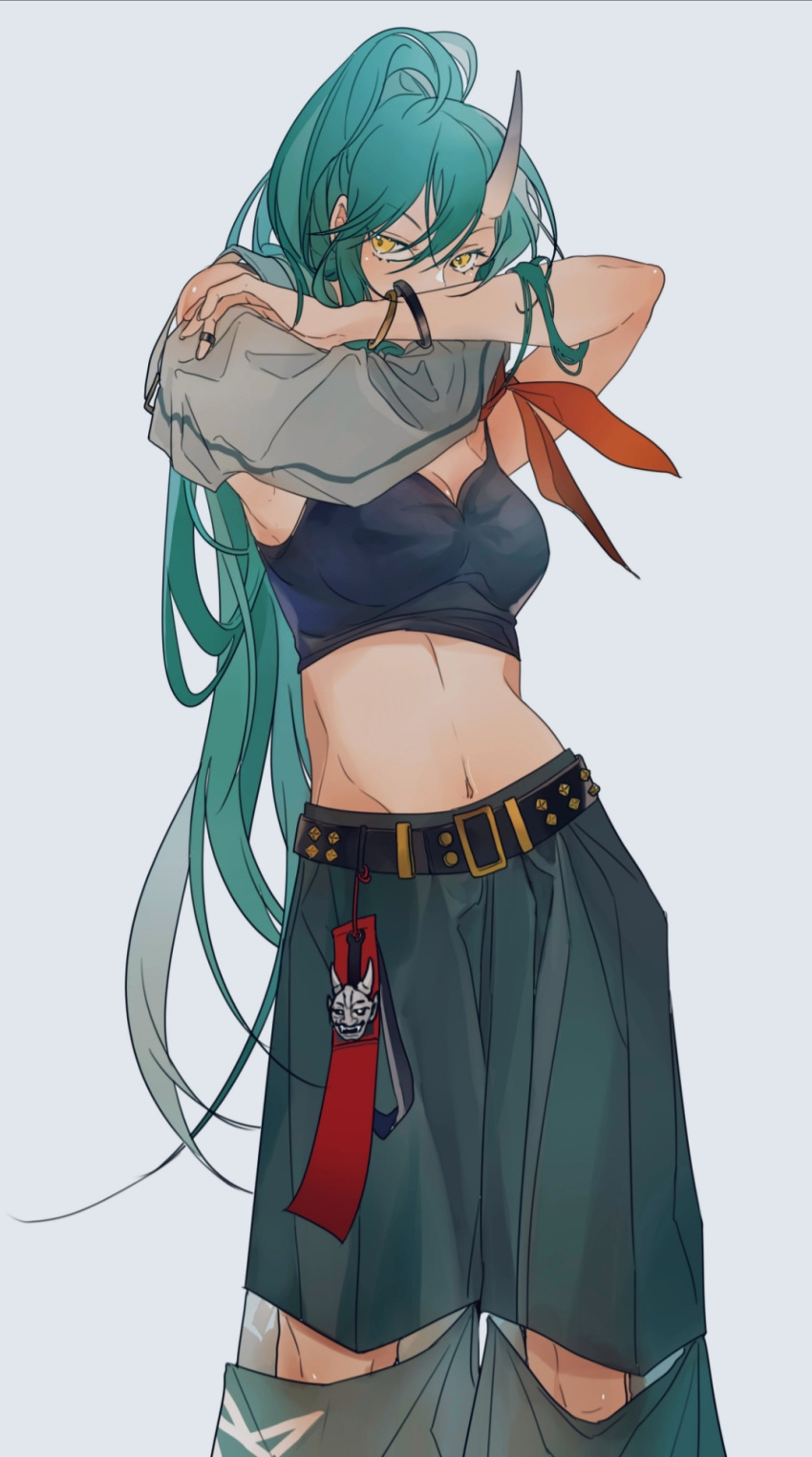 1girl, arknights, bangs, belt, black_belt, breasts, camisole, commentary
