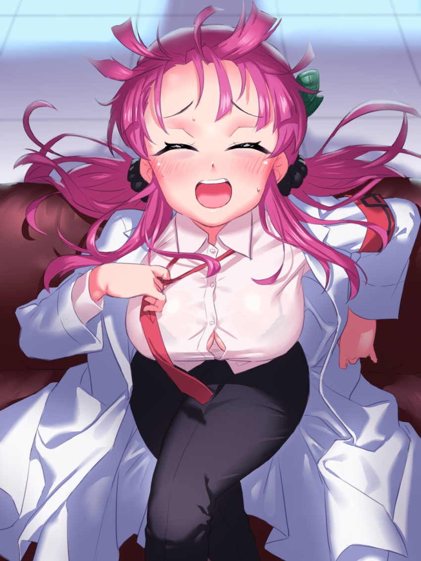 1girl, bangs, black_bra, black_pants, black_scrunchie, blush, bra, breasts