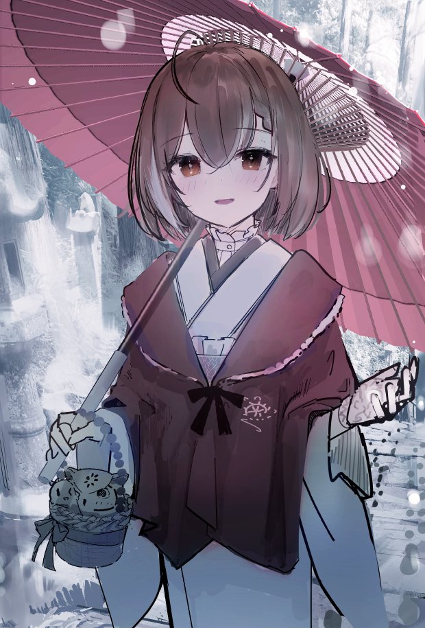 1girl, :d, bangs, basket, bird, blush, braid, bridge