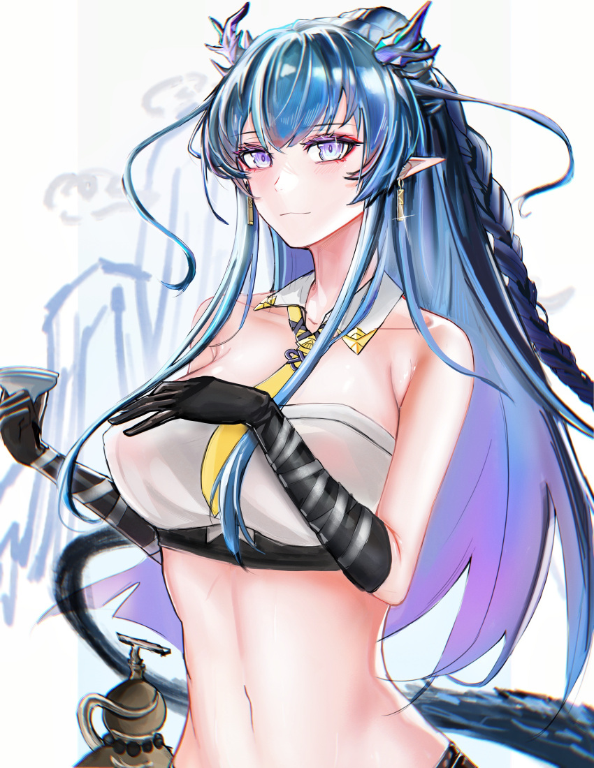 1girl, absurdres, arknights, bandeau, bangs, bare_shoulders, black_gloves, blue_hair