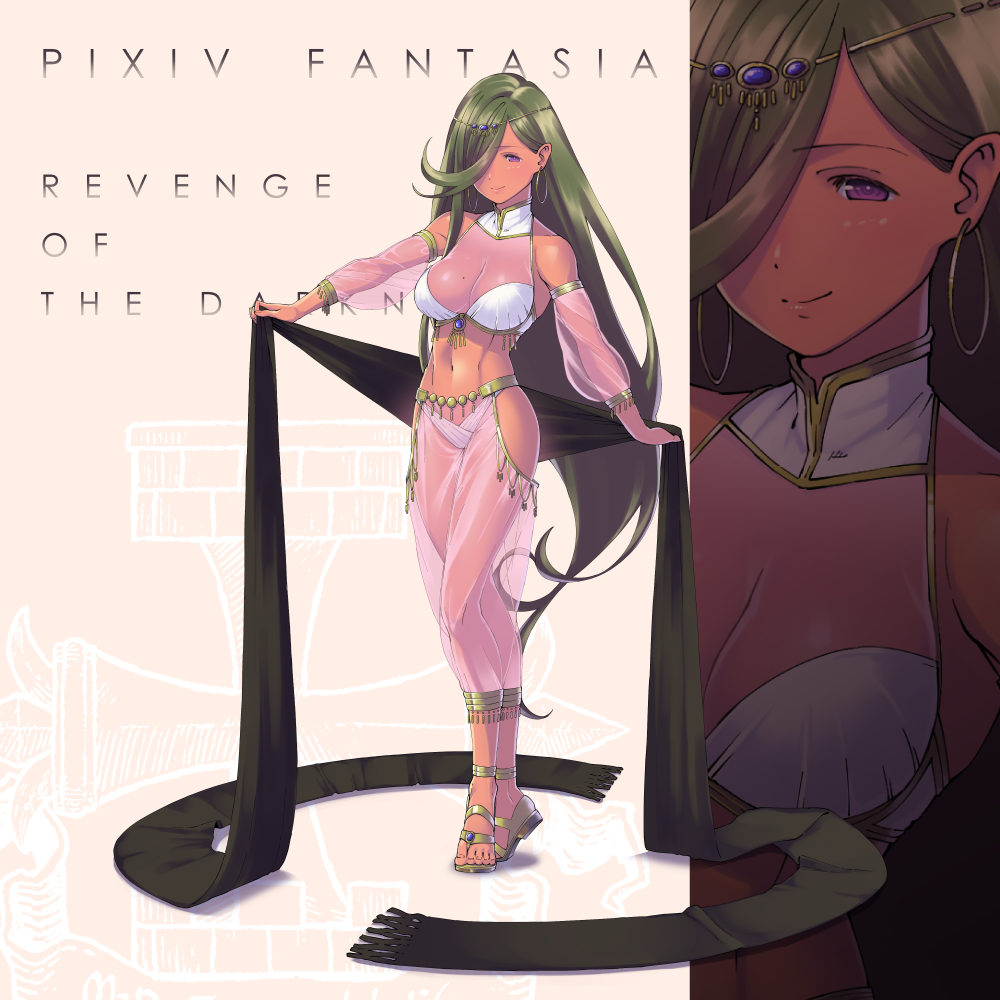 1girl, arabian_clothes, arms_at_sides, baggy_pants, bangs, bra, breasts, closed_mouth, dancer, detached_sleeves, earrings, full_body, green_eyes, hair_over_one_eye, halterneck, harem_outfit, harem_pants, head_chain, headpiece, herio, holding_shawl, jewelry, large_breasts, long_bangs, long_hair, midriff, navel, one_eye_covered, original, pants, pixiv_fantasia, pixiv_fantasia_revenge_of_the_darkness, sandals, see-through, see-through_sleeves, shawl, sheer_legwear, smile, solo, standing, stomach, toeless_footwear, underwear, violet_eyes, zoom_layer