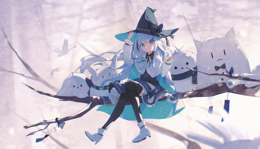1girl, absurdres, amari, bird, black_legwear, blue_eyes, bow, branch, cape, cat, collar, commentary, dove, hair_ornament, hair_ribbon, hairclip, hat, highres, in_tree, long_hair, long_sleeves, original, ribbon, scarf, shoes, sitting, sitting_in_tree, skirt, snowman, thigh-highs, tree, wand, white_hair, winter, witch_hat