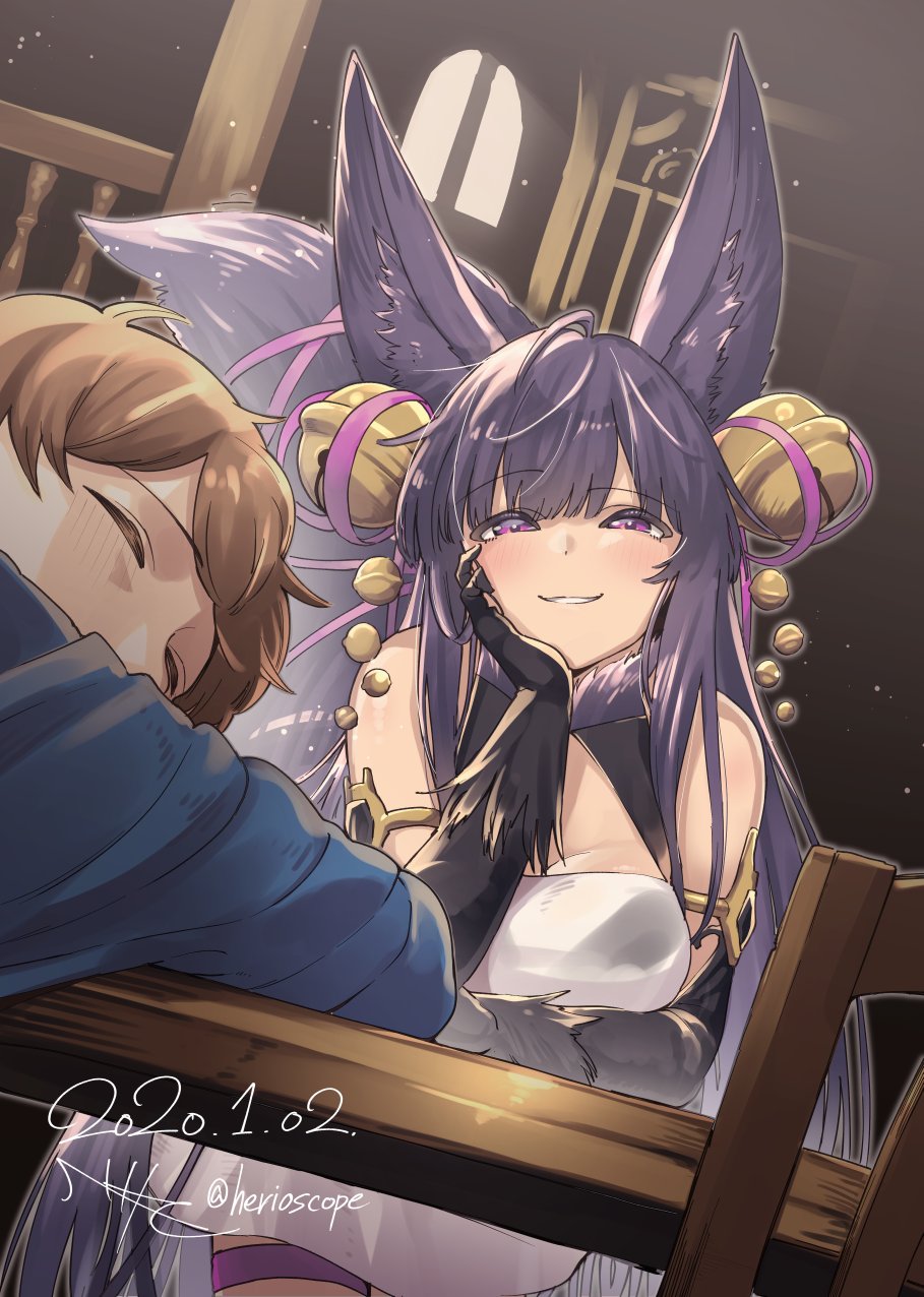 1boy, 1girl, animal_ears, armlet, bell, blonde_hair, breasts, chair