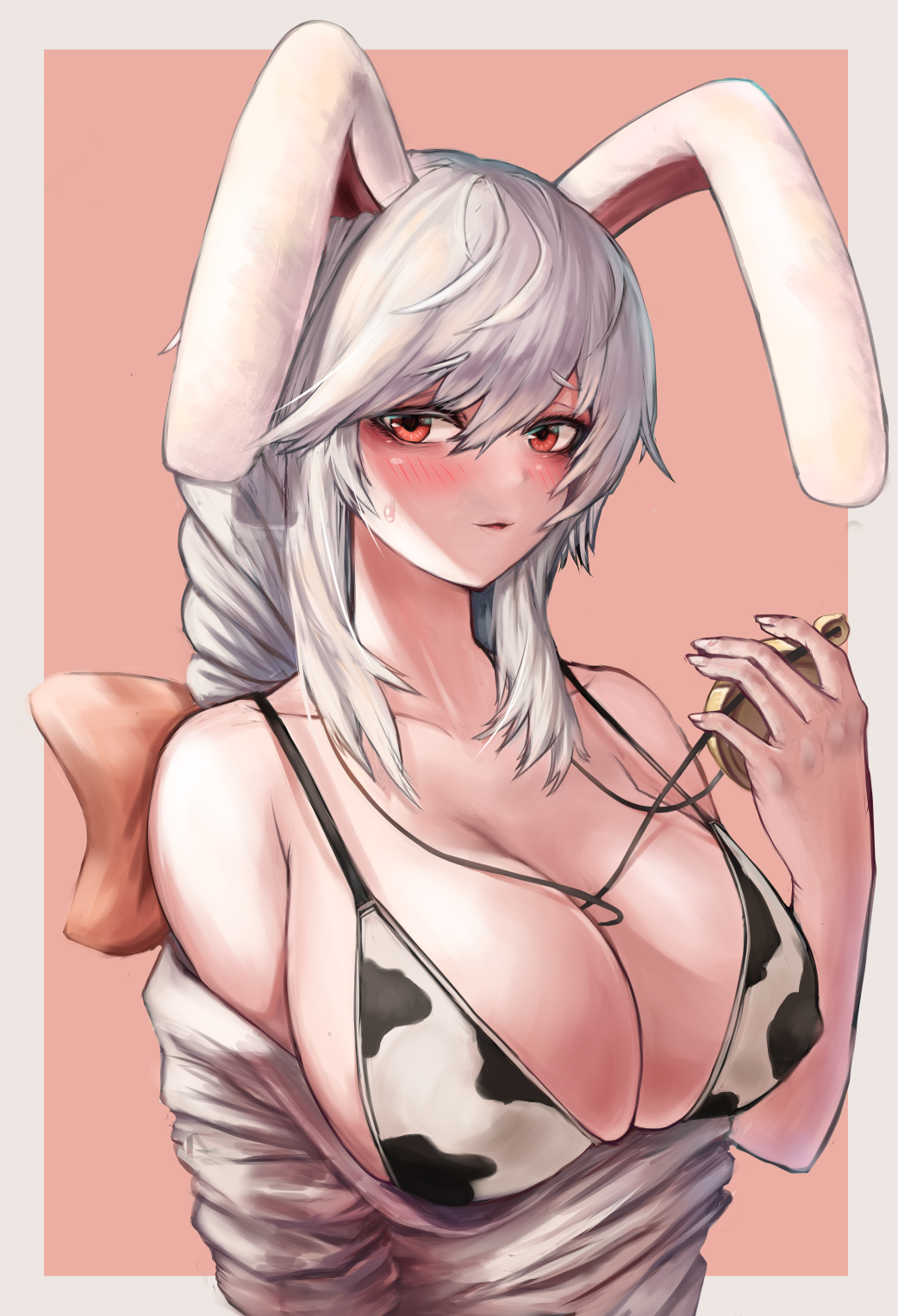 1girl, animal_ears, animal_print, bangs, bare_shoulders, bikini, black_souls, blush