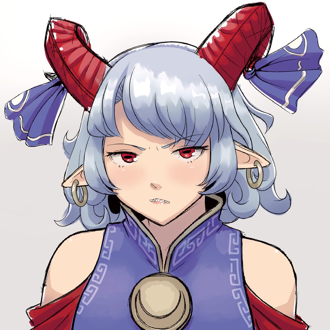 1girl, bare_shoulders, blue_dress, curly_hair, detached_sleeves, dress, earrings, eye_print