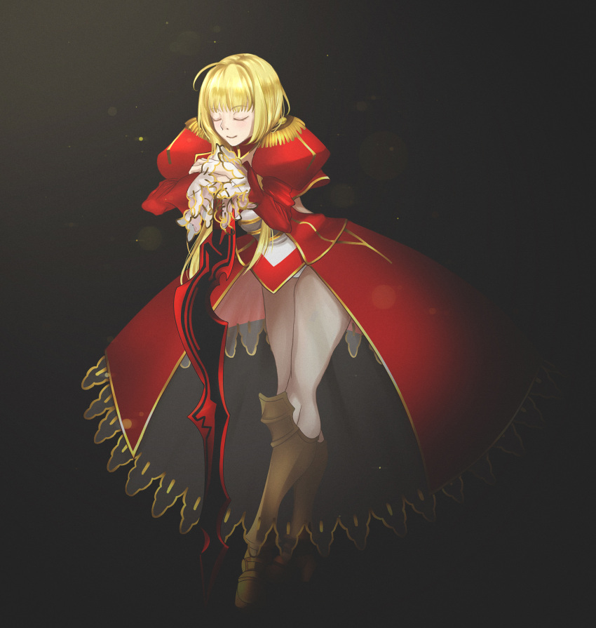 1girl, aestus_estus, ahoge, astereane, blonde_hair, braid, breasts, cleavage, commentary_request, dress, epaulettes, fate/extra, fate/grand_order, fate_(series), french_braid, green_eyes, hair_intakes, hair_ribbon, juliet_sleeves, large_breasts, long_sleeves, nero_claudius_(fate), nero_claudius_(fate)_(all), puffy_sleeves, red_dress, red_ribbon, ribbon, saber_extra, see-through, solo, sword, weapon, wide_sleeves