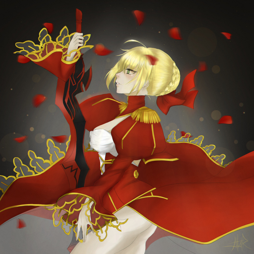 1girl, aestus_estus, ahoge, astereane, blonde_hair, braid, breasts, cleavage, commentary_request, dress, epaulettes, fate/extra, fate/grand_order, fate_(series), french_braid, green_eyes, hair_intakes, hair_ribbon, juliet_sleeves, large_breasts, long_sleeves, nero_claudius_(fate), nero_claudius_(fate)_(all), puffy_sleeves, red_dress, red_ribbon, ribbon, saber_extra, see-through, solo, sword, weapon, wide_sleeves