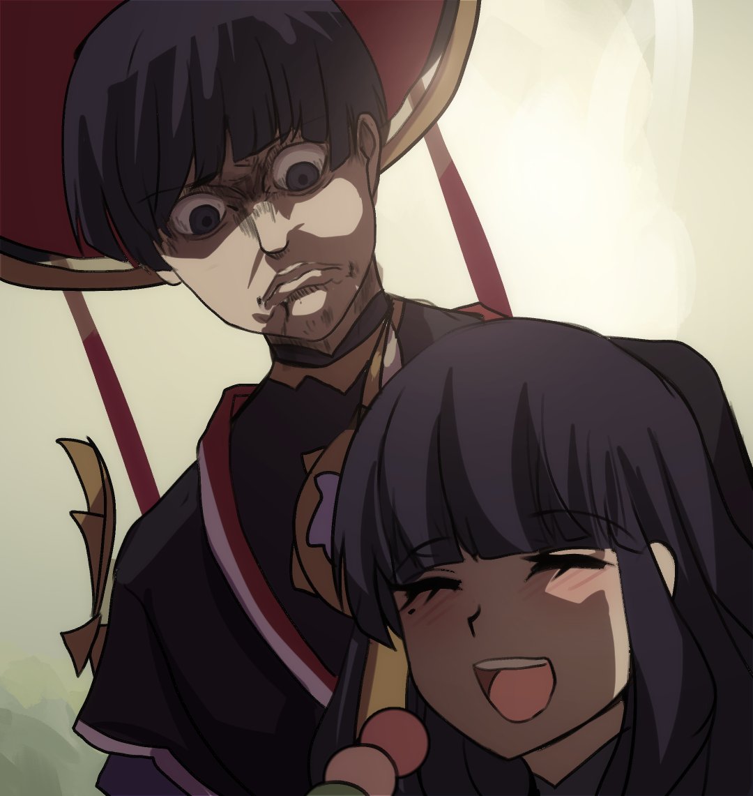 1boy, 1girl, :d, ^_^, angry, blush, closed_eyes, closed_mouth