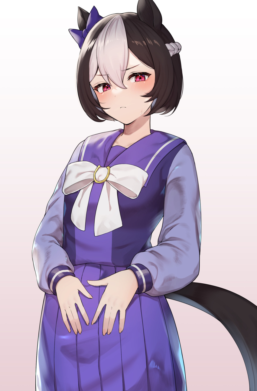 1girl, :o, absurdres, animal_ears, blue_bow, blue_shirt, blush, bow