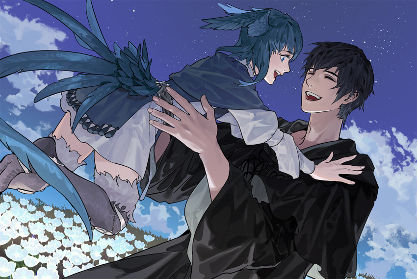 1boy, 1girl, bangs, bird_girl, bird_tail, black_robe, blue_capelet, blue_eyes