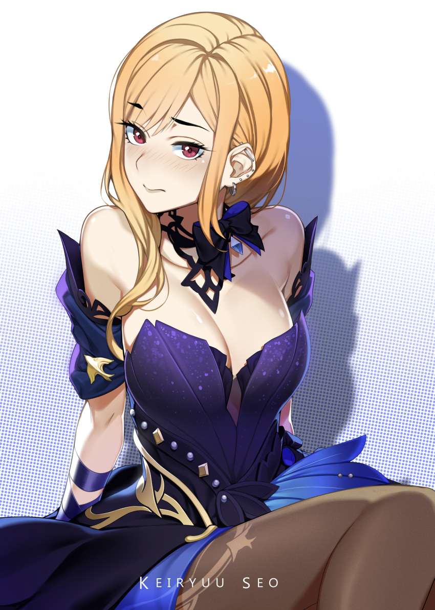 1girl, absurdres, artist_name, bangs, bare_shoulders, blonde_hair, blush, breasts
