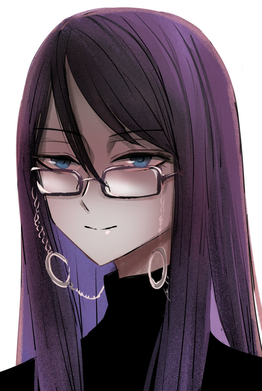 1girl, black_hair, black_sweater, blue_eyes, closed_mouth, crescent_moon, eyewear_strap, face