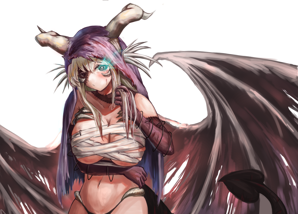 1girl, bandages, bangs, black_eyes, black_panties, black_souls, black_tail, blonde_hair