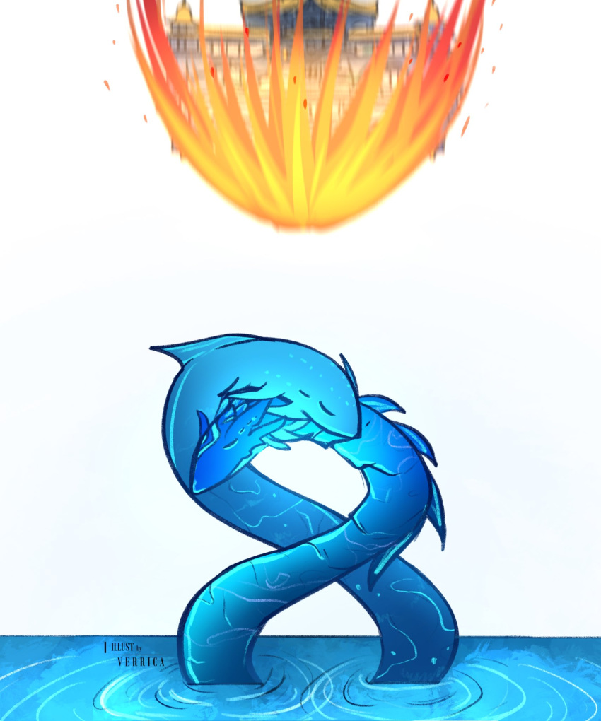 artist_name, beisht_(geshin_impact), closed_eyes, english_commentary, falling, genshin_impact, highres, jade_chamber_(genshin_impact)