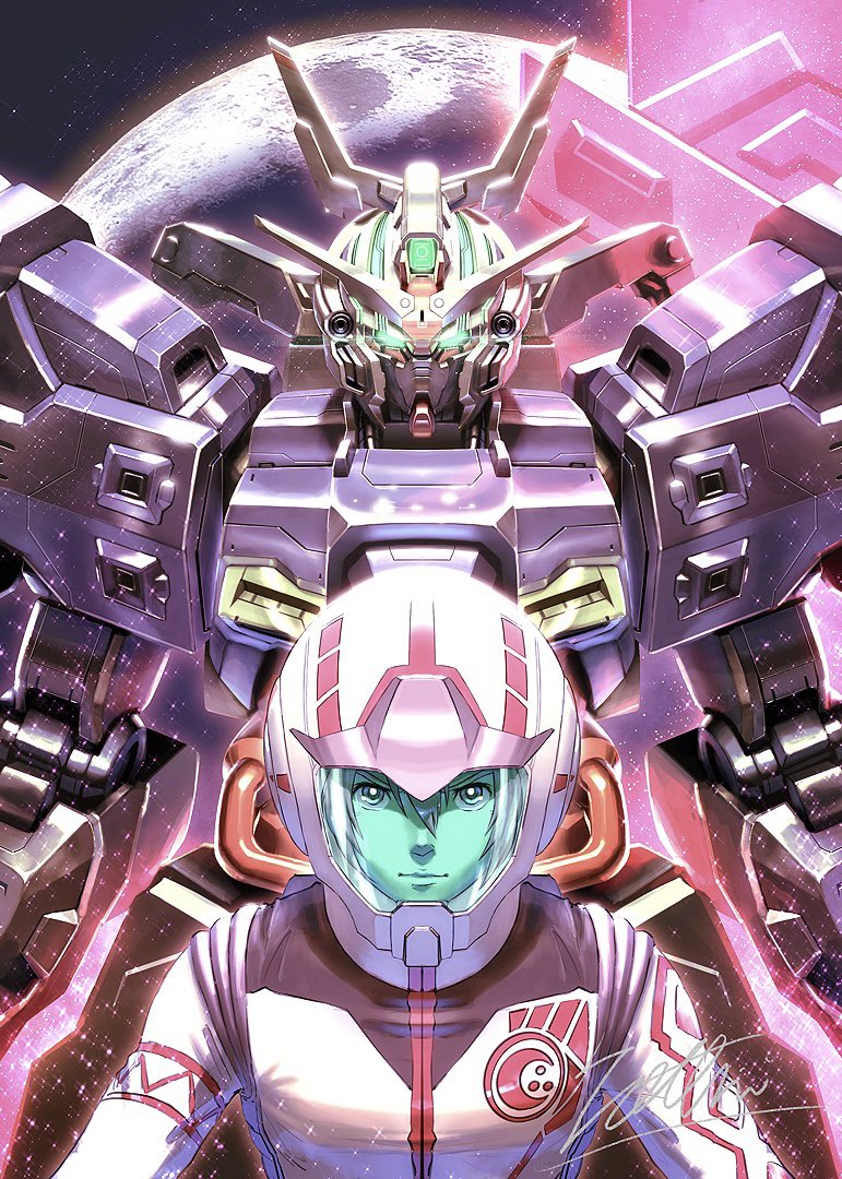 1boy, bangs, glowing, glowing_eyes, gundam, hair_between_eyes, helmet, jutta_qasim