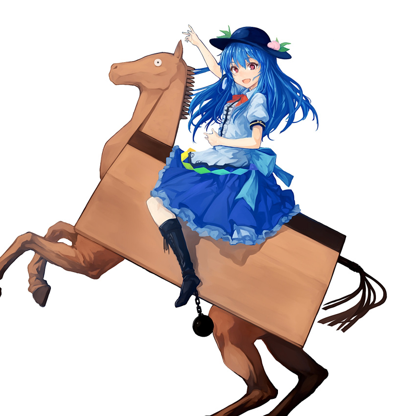 1girl, ball_and_chain_restraint, bangs, black_footwear, black_headwear, blue_bow, blue_hair, blue_skirt