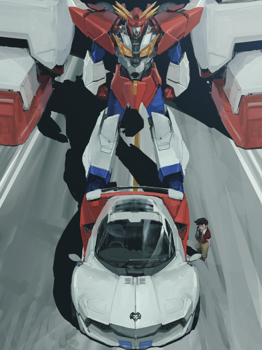 1boy, blue_shirt, brown_hair, brown_pants, car, exkaiser, ground_vehicle, highres