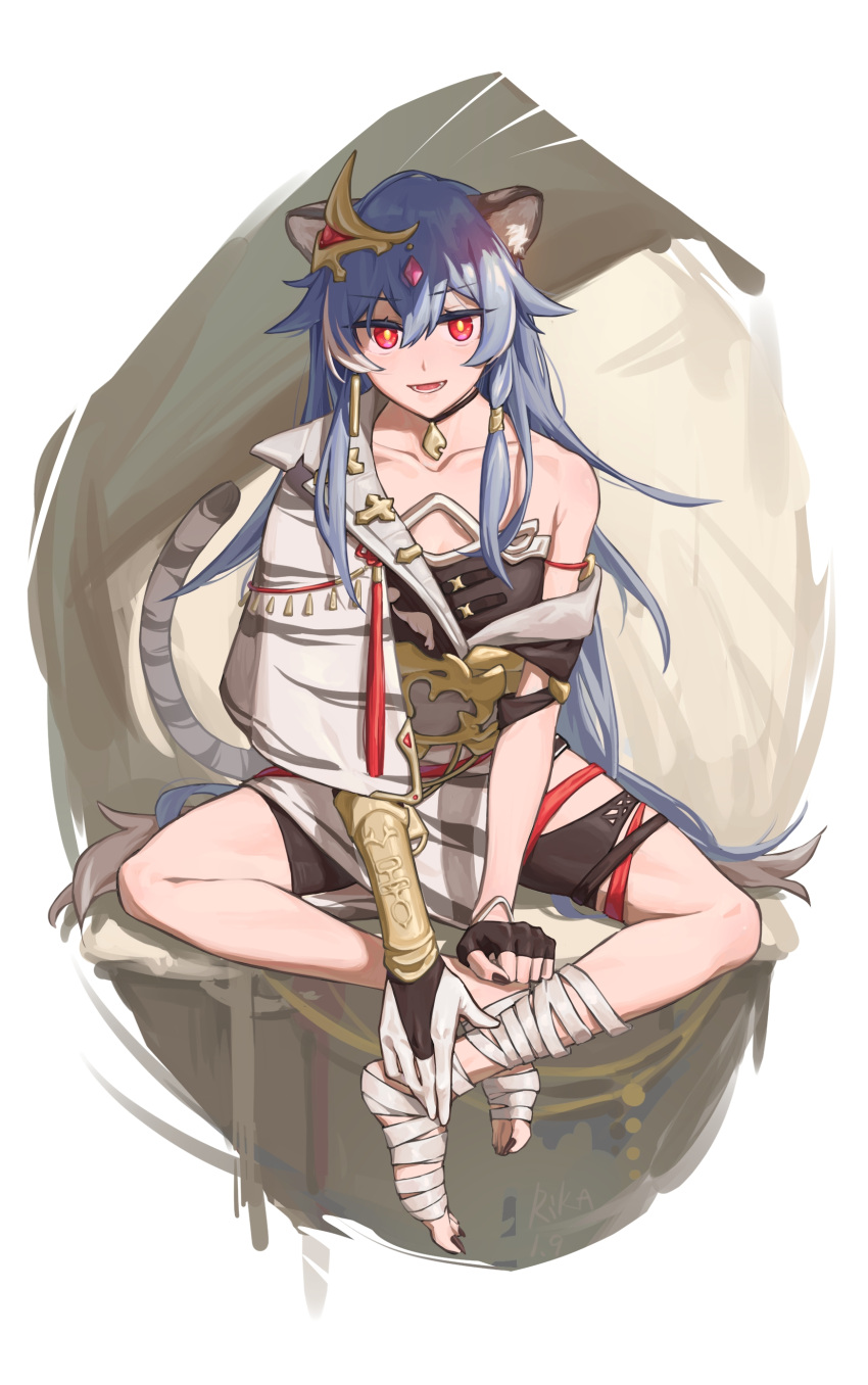 1girl, :d, absurdres, animal_ears, asymmetrical_gloves, bandages, bangs, black_gloves