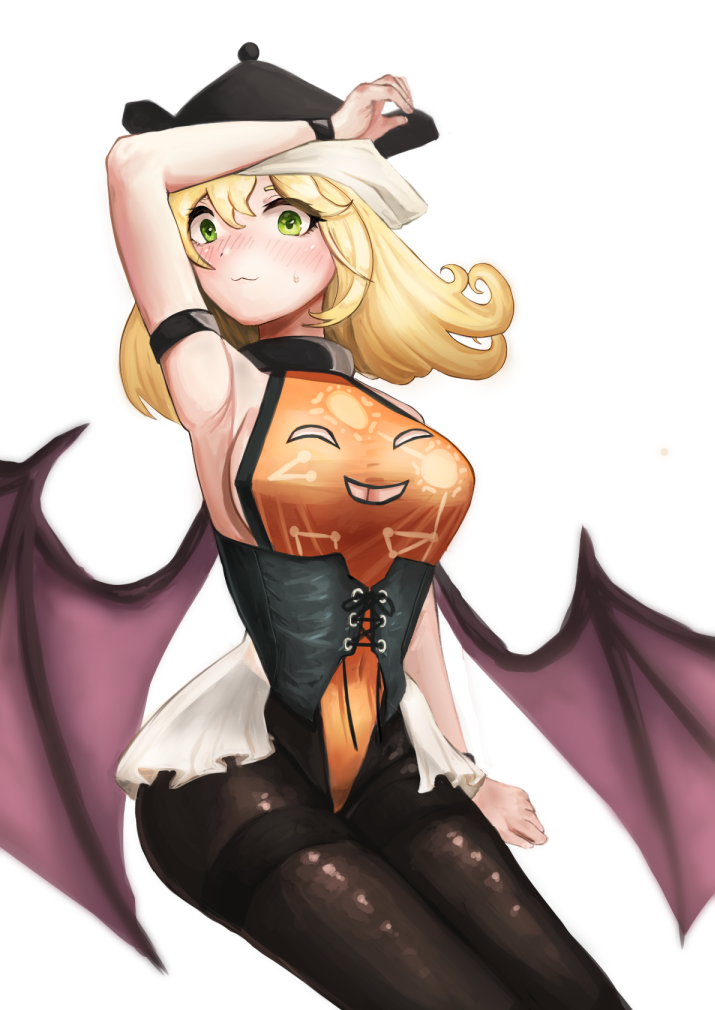 1girl, :3, adapted_costume, arm_at_side, arm_up, bangs, black_headwear, black_legwear