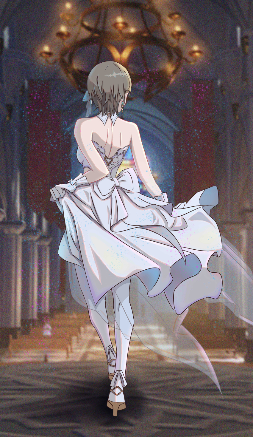 1girl, absurdres, back, bare_shoulders, blurry, blurry_background, brown_hair, chandelier