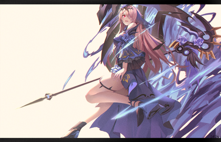 1girl, bangs, bare_shoulders, brown_hair, dpin_(user_adhr8855), dress, electricity, flower