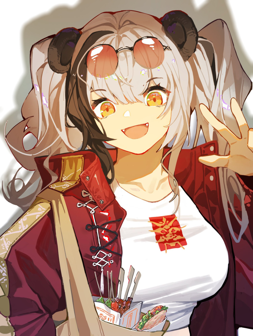 1girl, :d, animal_ears, arknights, bag, breasts, clay_(clayjun), crop_top, fangs, feater_(arknights), feater_(gourmet)_(arknights), hand_up, highres, jacket, large_breasts, long_hair, long_sleeves, looking_at_viewer, multicolored_hair, official_alternate_costume, open_clothes, open_jacket, orange_eyes, panda_ears, red_jacket, round_eyewear, shirt, shoulder_bag, smile, solo, streaked_hair, sunglasses, taco, tinted_eyewear, twintails, upper_body, white_hair, white_shirt