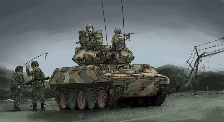 1other, 3girls, assault_rifle, backpack, bag, barbed_wire, black_footwear, blonde_hair