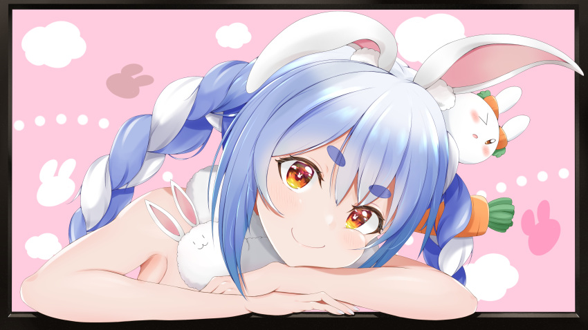 1girl, absurdres, animal_ears, blue_hair, border, braid, bunny-shaped_pupils, carrot_hair_ornament
