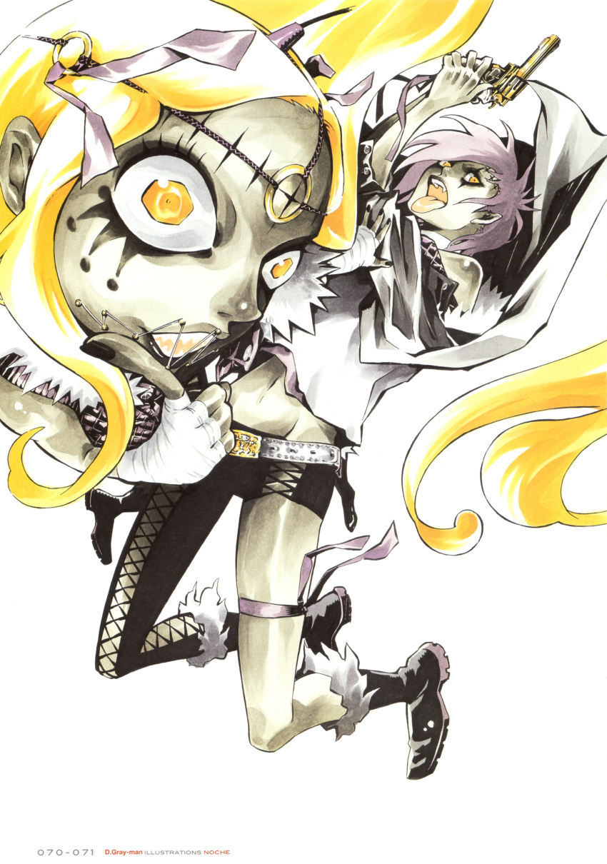 2boys, asymmetrical_clothing, bandage, belt, black_hair, black_nails, blonde_hair, boots