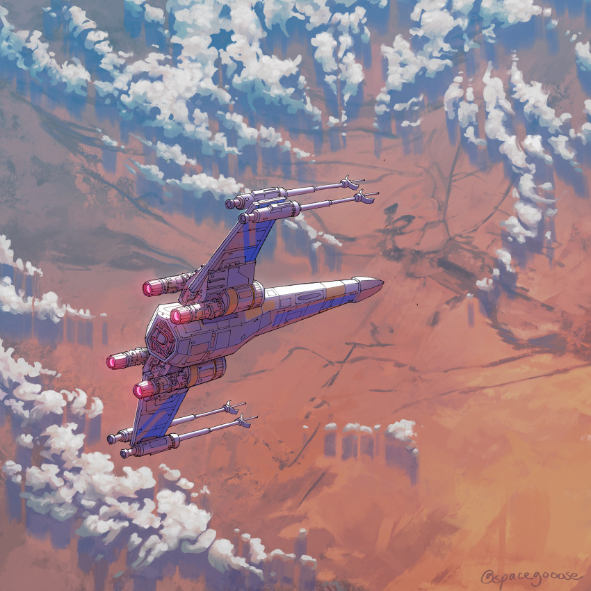 clouds, flying, highres, no_humans, science_fiction, solo, space_craft, space_gooose