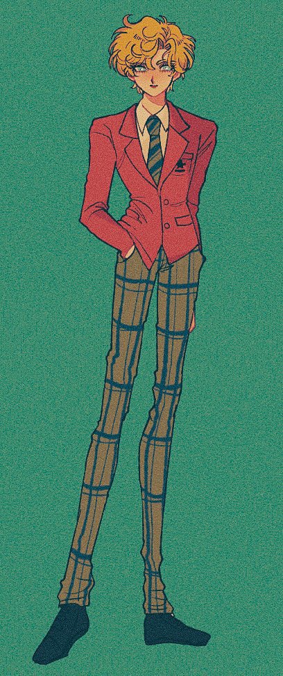 1girl, bishoujo_senshi_sailor_moon, blonde_hair, blue_eyes, collared_shirt, commentary_request, crossdressing, film_grain, full_body, green_neckwear, green_pants, hand_in_pocket, jacket, loafers, looking_at_viewer, mugen_gakuen_school_uniform, necktie, pants, pikurusu, plaid, plaid_pants, reverse_trap, school_uniform, shirt, shoes, short_hair, simple_background, solo, ten'ou_haruka, very_short_hair