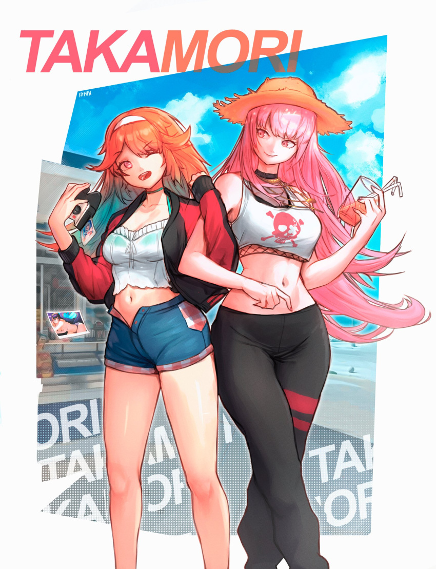 2girls, bangs, breasts, calliope, crop_top, denim, denim_shorts, drawing, earrings, feather_earrings, feathers, gradient_hair, hat, highres, hololive, hololive_english, hyminart, jacket, jewelry, locked_arms, mori_calliope, multicolored_hair, multiple_girls, navel, official_alternate_costume, open_clothes, open_jacket, orange_hair, pants, pink_hair, shorts, smile, straw_hat, takanashi_kiara, track_jacket, track_pants, virtual_youtuber, yuri