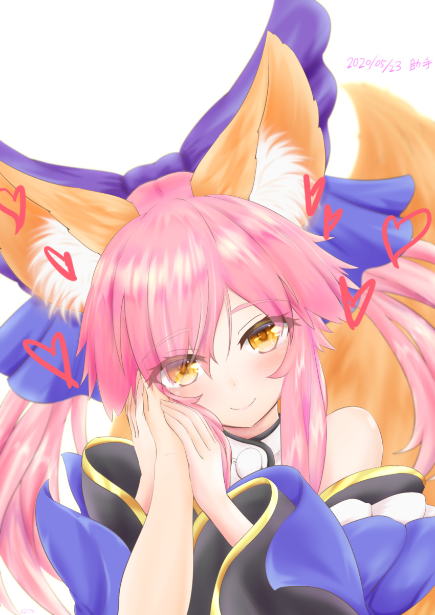 1girl, animal_ear_fluff, animal_ears, bangs, bare_shoulders, blue_bow, blue_kimono, bow