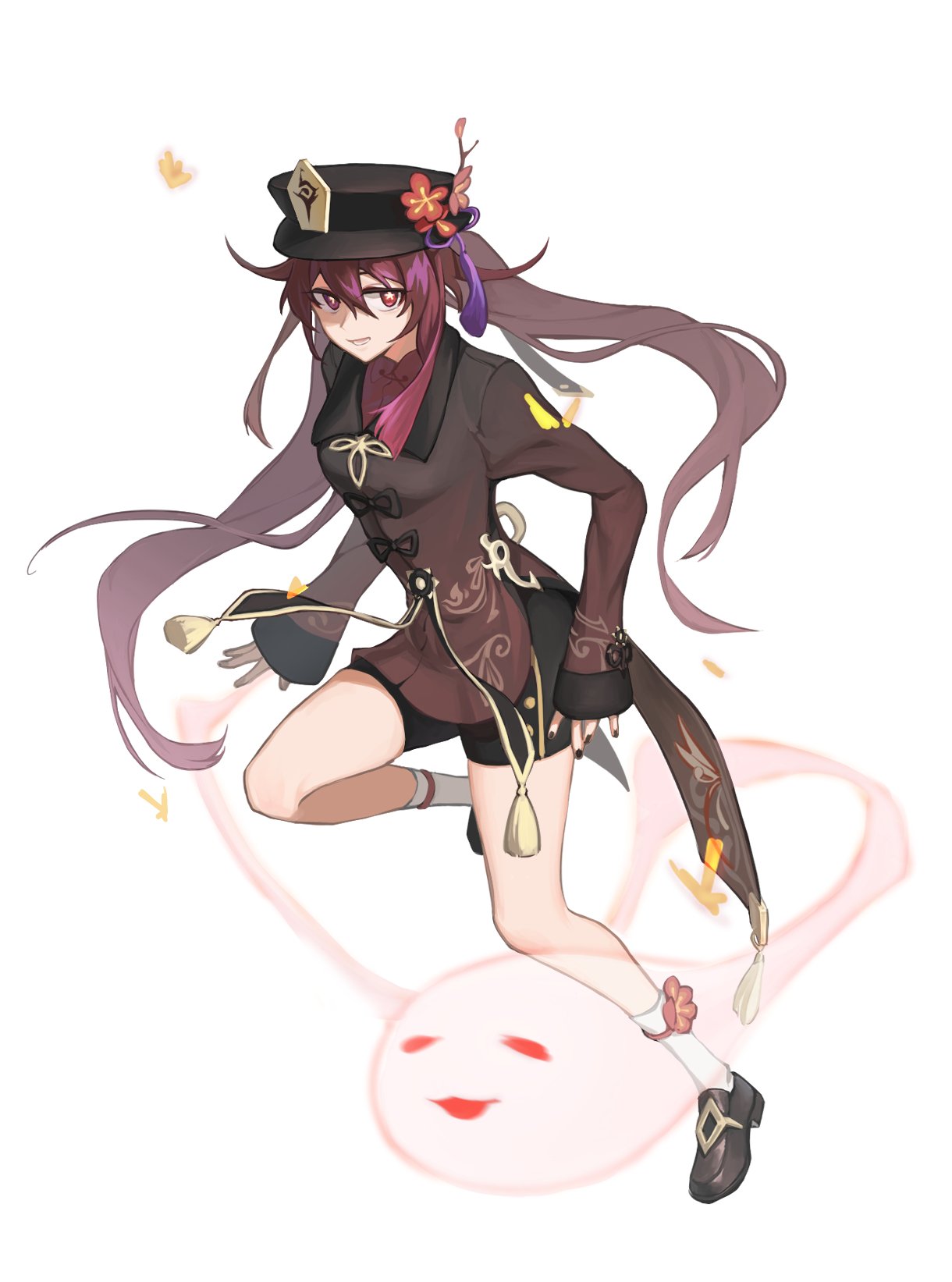 +_+, 1girl, bangs, black_footwear, black_headwear, black_nails, black_shorts, brown_shirt