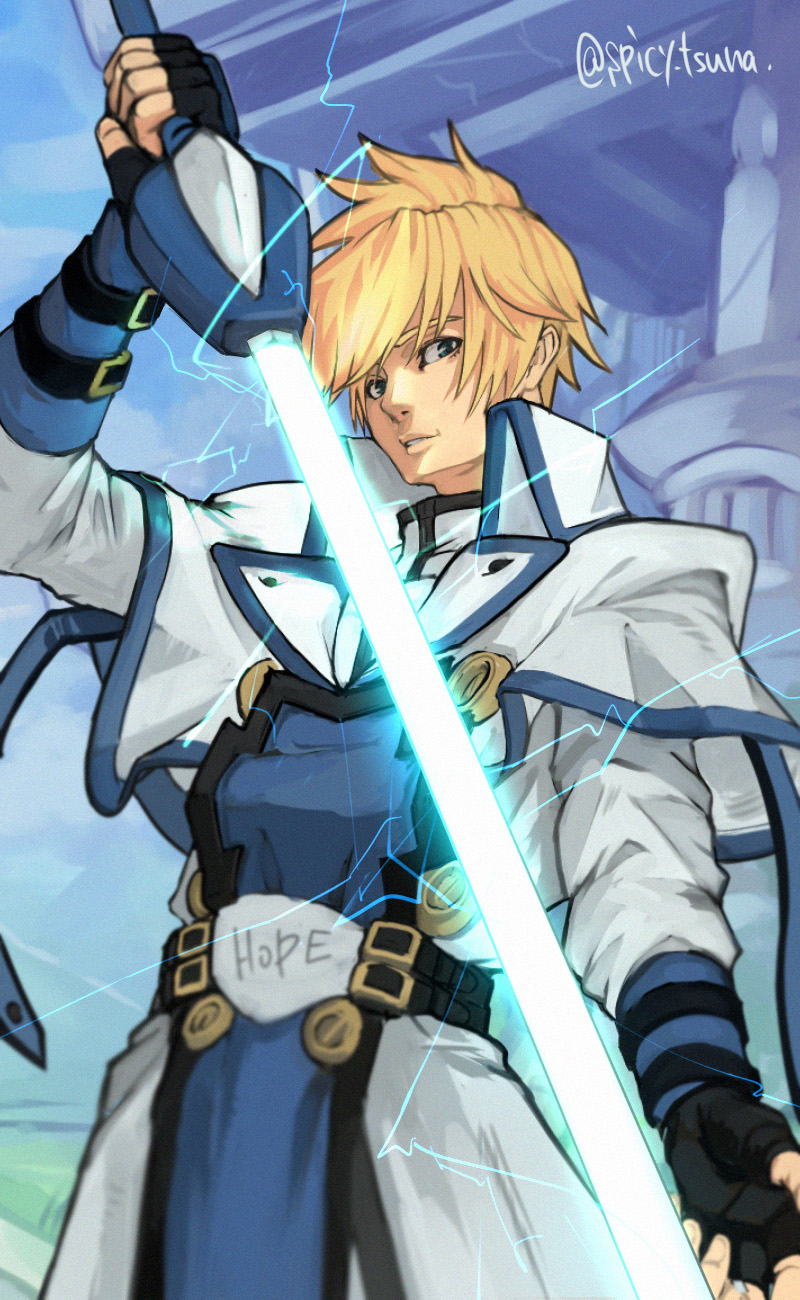 1boy, belt, blonde_hair, blue_eyes, english_text, fingerless_gloves, gloves, grey_background