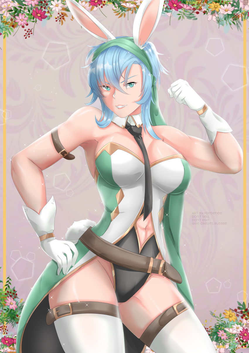 1girl, absurdres, animal_ears, belt, biceps, blue_eyes, breasts, bunnyinlove, echidna_(fire_emblem), fire_emblem, fire_emblem:_the_binding_blade, fire_emblem_heroes, gloves, hair_between_eyes, highres, necktie, playboy_bunny, rabbit_ears, silver_hair, smile, thighs, tomboy