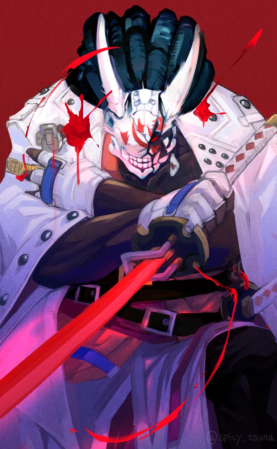 1boy, angry, belt, black_hair, blood, broken_mask, collarbone, dark-skinned_male, dark_skin, fighting_stance, from_side, furious, glowing, glowing_sword, glowing_weapon, guilty_gear, guilty_gear_strive, hairlocs, highres, holding, holding_sword, holding_weapon, katana, long_hair, male_focus, mask, multiple_belts, muscular, muscular_male, nagoriyuki, profile, red_background, signature, simple_background, skull_mask, solo, sword, tsuna_(akmu8832), vampire, weapon