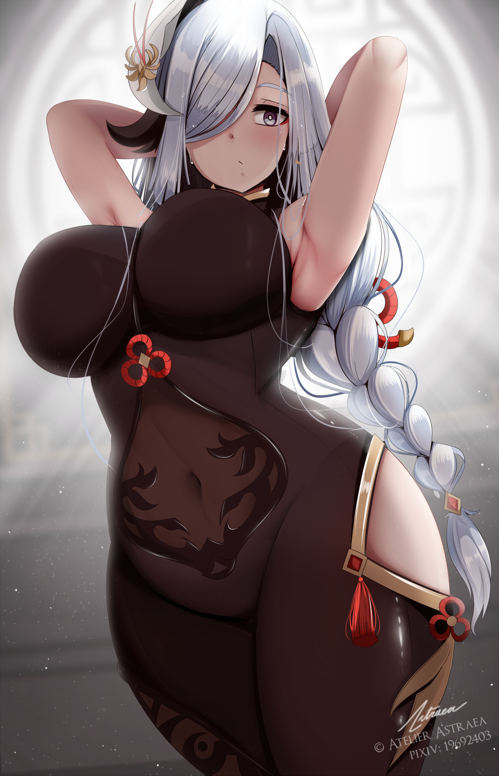 1girl, arms_behind_head, arms_up, artist_name, astraea_(atelierastraea), bodysuit, braid, braided_ponytail, breasts, closed_mouth, covered_navel, curvy, genshin_impact, gold_trim, grey_eyes, groin, hair_ornament, hair_over_one_eye, highres, hip_focus, hip_vent, large_breasts, light_particles, long_bangs, looking_at_viewer, revision, shenhe_(genshin_impact), silver_hair, solo, sweat, tassel, wet, wet_hair, wide_hips