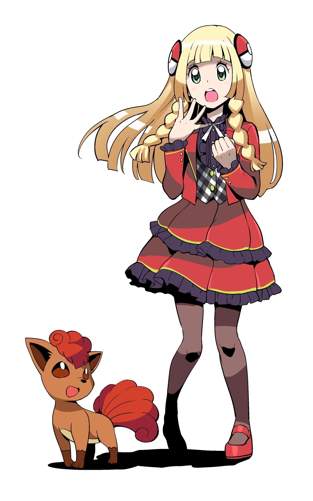 1girl, :o, black_legwear, blonde_hair, bow, braid, chestnut_mouth, commentary