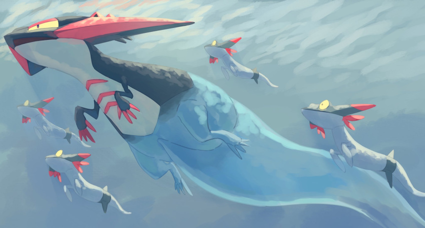 claws, closed_mouth, commentary_request, day, dragapult, dreepy, flying, from_below