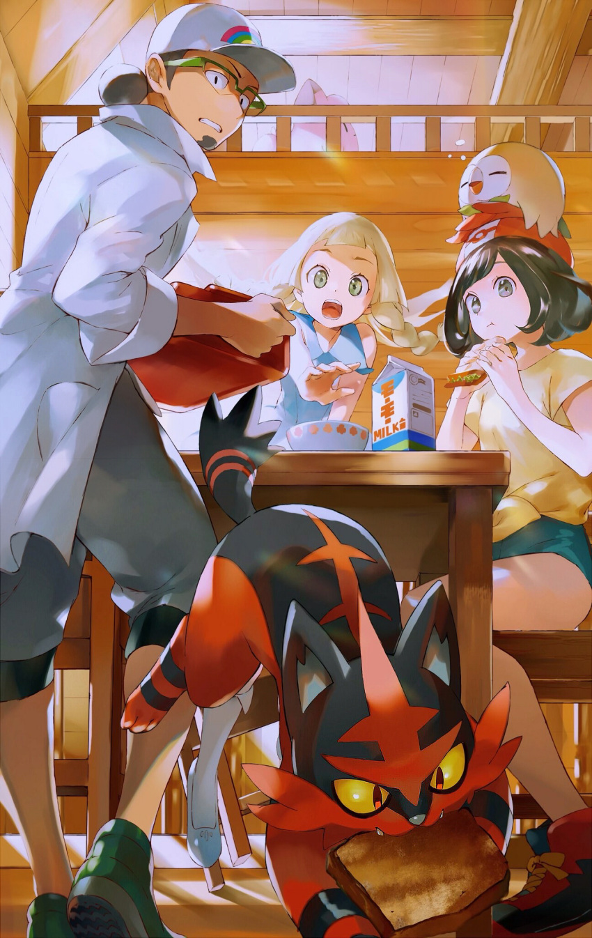 1boy, 2girls, bare_arms, baseball_cap, beanie, blonde_hair, bowl, chair