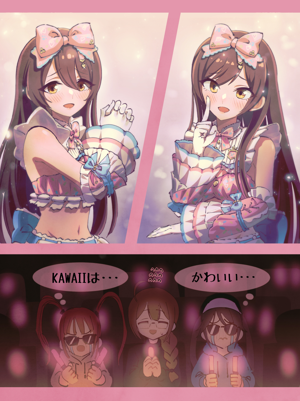 bangs, bare_shoulders, bikini, bikini_skirt, blush, bracelet, brown_hair, choker, collarbone, green_nails, hair_between_eyes, hair_ornament, highres, idolmaster, idolmaster_shiny_colors, jewelry, leaf_hair_ornament, long_hair, looking_at_viewer, midriff, nail_polish, navel, oosaki_amana, oosaki_tenka, open_mouth, qoqi, siblings, simple_background, sisters, smile, swept_bangs, swimsuit, twins, wavy_hair, yellow_eyes