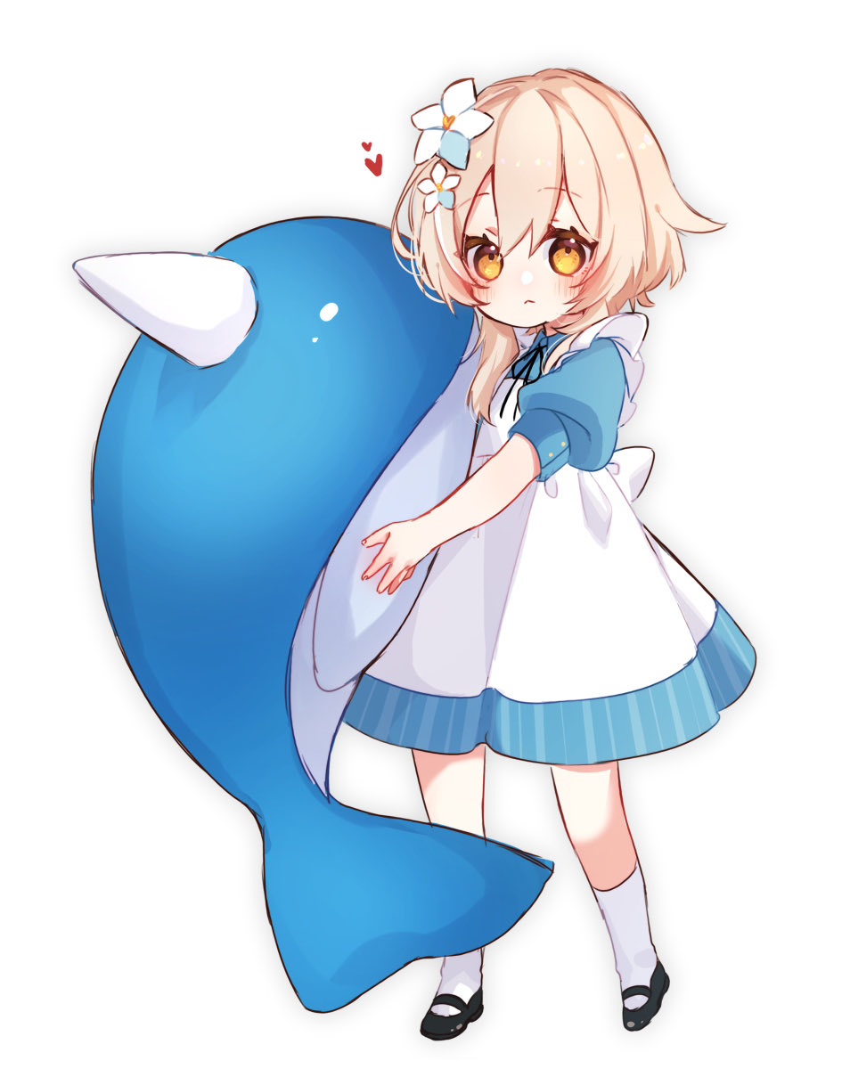 1girl, apron, bangs, black_footwear, black_ribbon, blonde_hair, blue_dress, blush