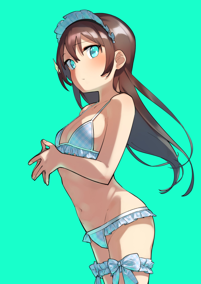 1girl, absurdres, aqua_background, aqua_eyes, arched_back, bangs, bare_arms, bare_shoulders