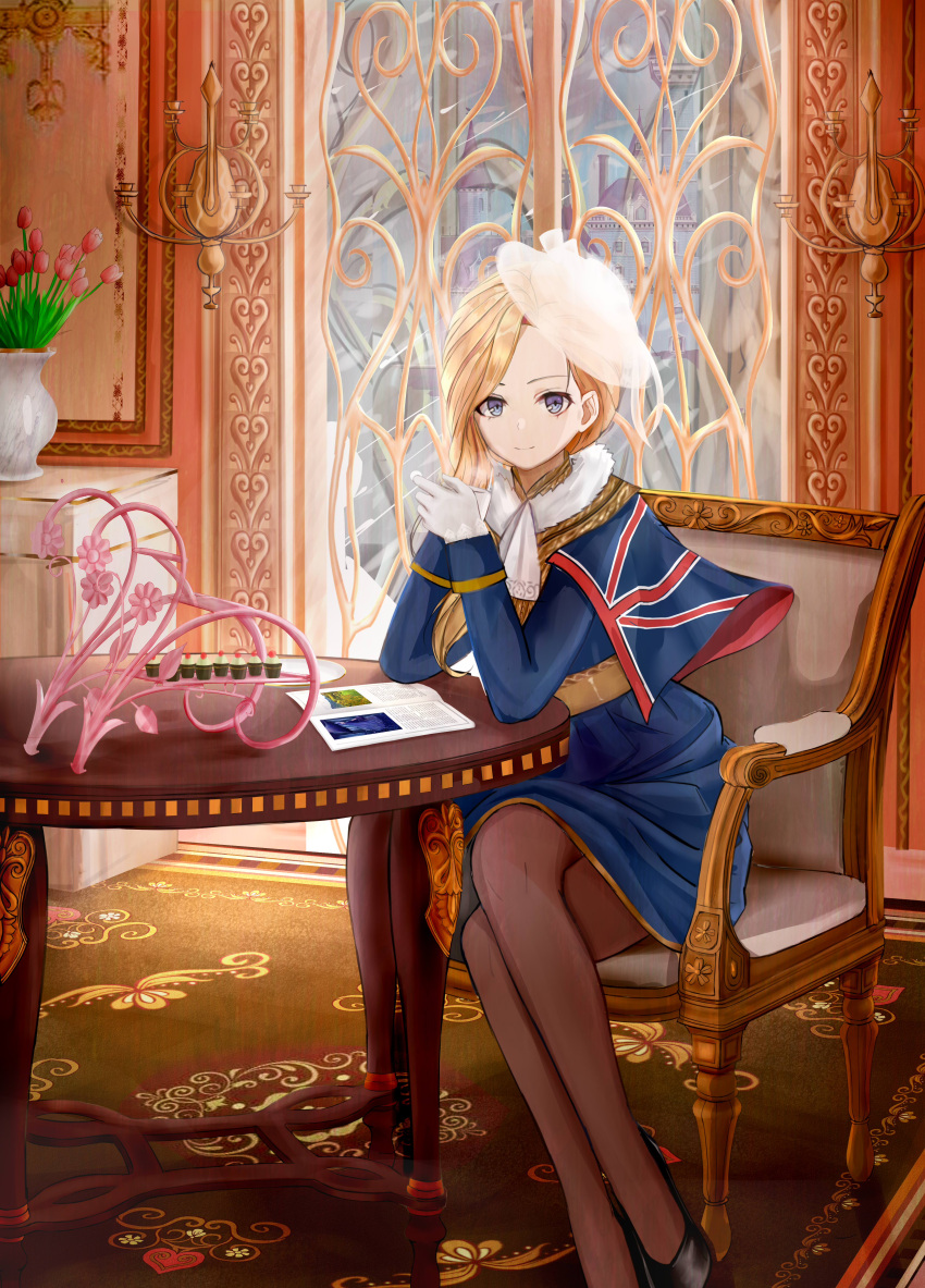 1girl, absurdres, asymmetrical_hair, azur_lane, black_footwear, blonde_hair, blue_capelet, blue_dress