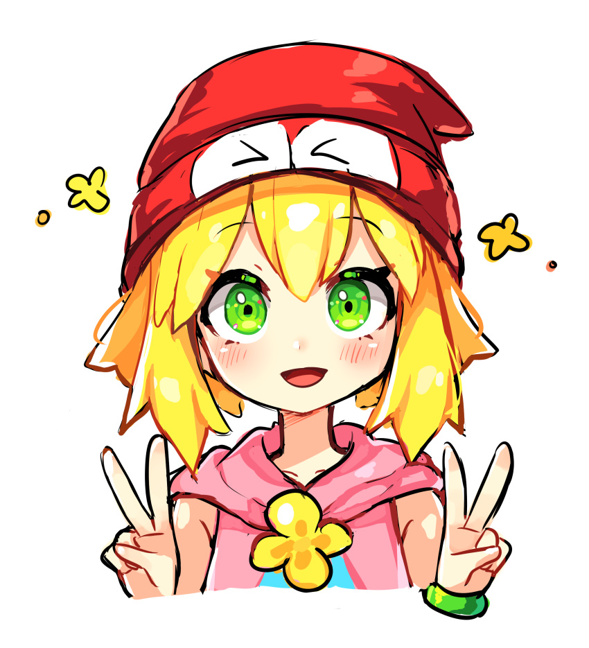 1girl, absurdres, amitie_(puyopuyo), blonde_hair, blush, bracelet, collarbone, double_v