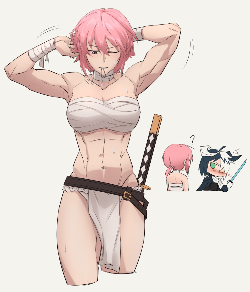2girls, ?, abs, absurdres, alchemy_stars, armpits, arms_up, bandaged_arm