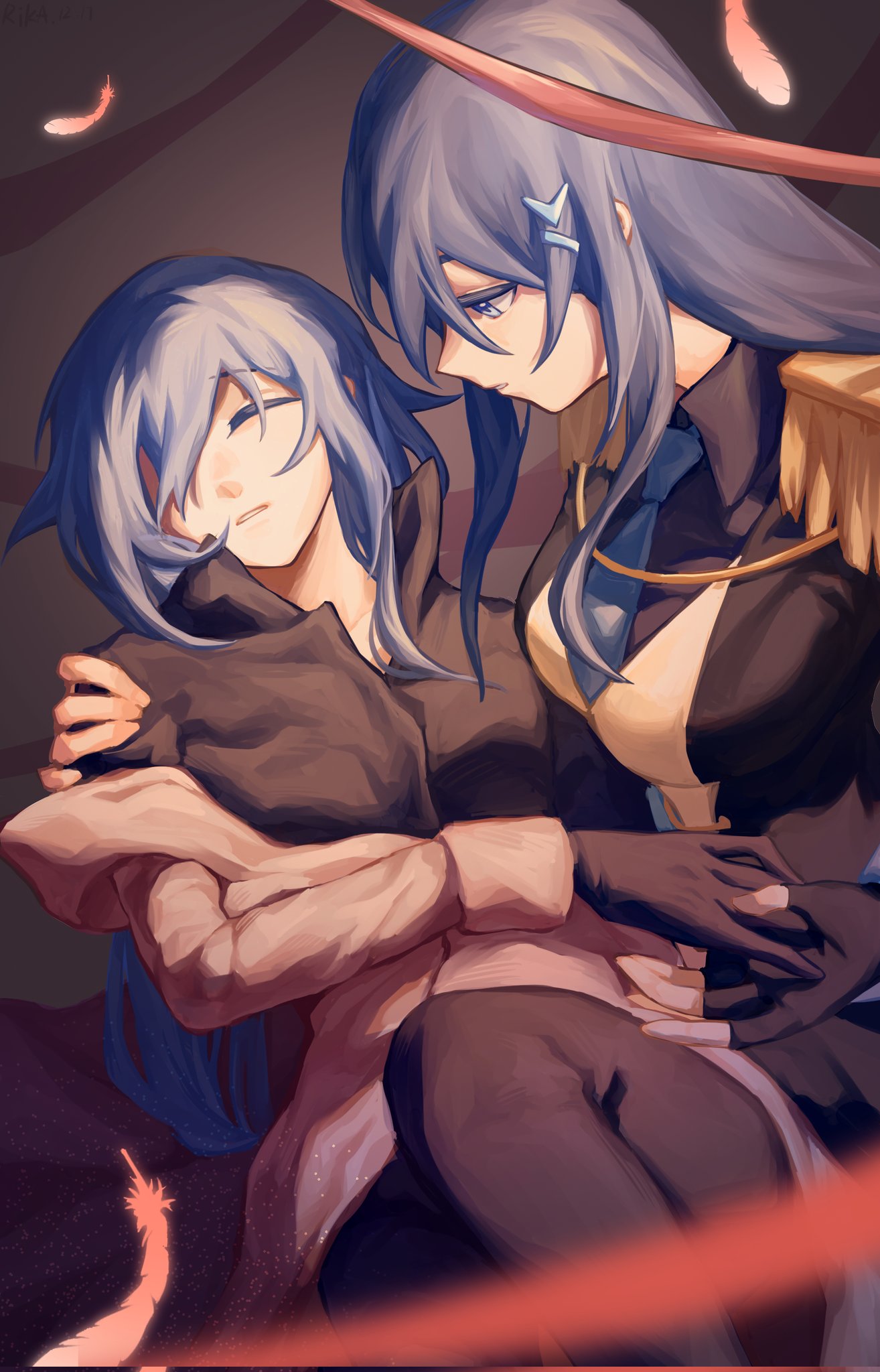 2girls, bangs, black_gloves, black_hair, black_jacket, black_pants, black_shirt, blue_eyes, blue_necktie, brown_coat, cheng_lixue, closed_eyes, closed_mouth, coat, feathers, fingerless_gloves, fu_hua, gloves, gskrika, highres, honkai_(series), honkai_impact_3rd, jacket, long_sleeves, multiple_girls, necktie, pants, polo_shirt, shirt