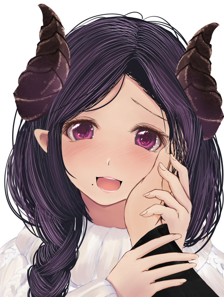 1girl, :d, blush, braid, dc24v, demon_girl, demon_horns, eyebrows_visible_through_hair, hand_grab, hand_on_another's_cheek, hand_on_another's_face, honey_strap, horns, long_hair, looking_at_viewer, mole, mole_under_mouth, nose_blush, open_mouth, pointy_ears, pov, pov_hands, purple_hair, saionji_mary, smile, solo_focus, sweater, violet_eyes, virtual_youtuber, white_background, white_sweater
