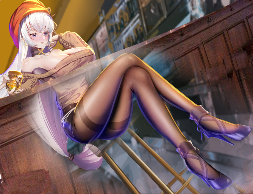 1girl, azur_lane, bangs, bare_shoulders, belfast_(azur_lane), belfast_(shopping_with_the_head_maid)_(azur_lane), beret, black_footwear